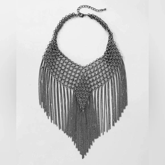 New Maximalist Chainmail Style Fringe Bib Statement Necklace - Picture 12 of 16